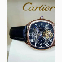Cartier Rose Gold Automatic Skeleton Leather Strap Watch