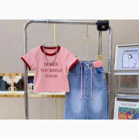 Pink Top on Pencil Jeans Skirt for Girls