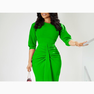 Elegant Pencil Dress for Ladies - Solid Round Neck Puff Sleeve