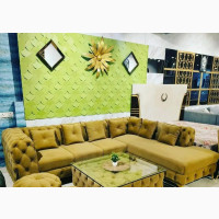 Yellow L- Shaped Leather Sofa With Ottoman