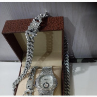 Iced Cuban Silver Neck Hand Chain With Wrist Watch 18