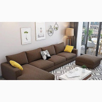 Classic L-Shaped Sofa Chair With Table and Ottoman - Fabric Couch