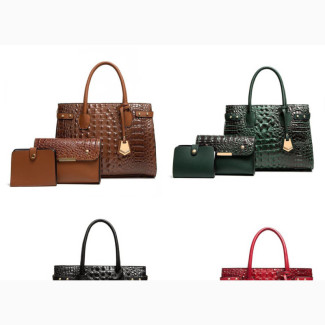 3-Piece CROCODILE EMBOSSED Handbag-Brown, Black, Green, Red