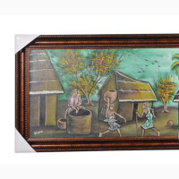 Handmade African Village Scene Painting - Portrait (28 X 13)