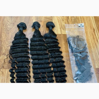 Curls 28 Inches Human Hair Deep Wave 300g Bundles With Closure
