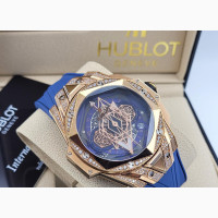 Hublot Automatic Ice Head Rose Gold Blue Rubber Strap Watch