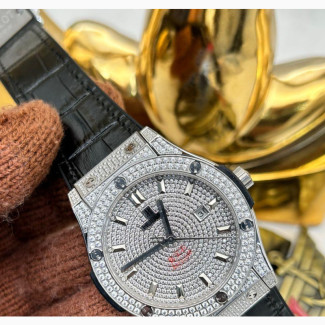 Qualty Iced Bezel Stones Hublot Geneva Rubber Leather Strap