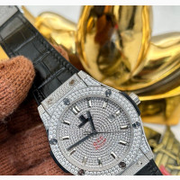 Qualty Iced Bezel Stones Hublot Geneva Rubber Leather Strap