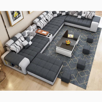 U-Shaped Sofa Chair With Table and Side Stools. Fabric Couch