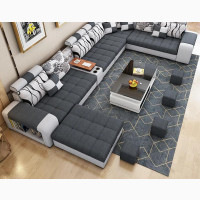 U-Shaped Sofa Chair With Table and Side Stools. Fabric Couch