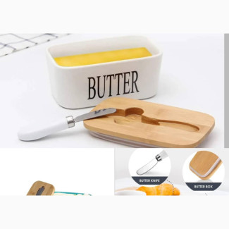 Ceramic Butter Dish With Wooden Lids - Brand New