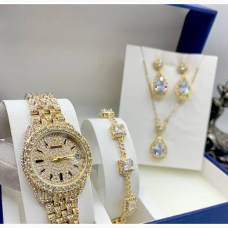 Rolex Iced Female Watch and Jewellery Set