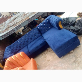 Blue L- Shaped Fabric Sofa With Single