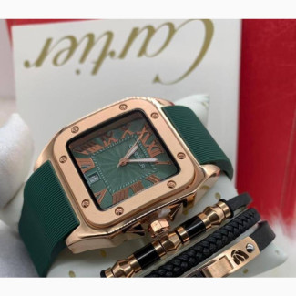 Cartier Green Rubber Watch And Bracelet Set