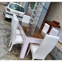 6 Seater White Dining Table with Glass Top
