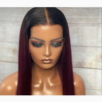 30” Burgundy Bone Straight Full Lace Frontal Wig with Dark Root