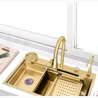 Gold Steel Kitchen Sink With Multiple Accessories S/B