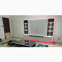 TV Stand W/ Glass Top Center Table, 2 Glass Top Side Stools