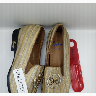 Folletel Men#039;s Gold Striped Loafers - Size 41, 43