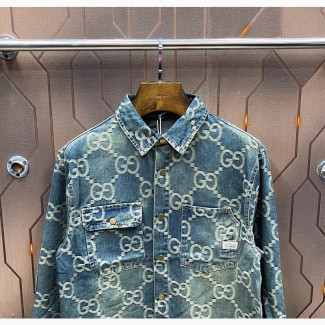 Brand New Gucci Jacket - Premium Quality, Unisex, Blue Color, Classic Style, Denim Material, Regular Fit, Long Length, All Seasons, Buttons Closure, H