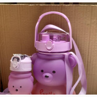 2in1 Cute Teddy Water Bottle With Strap Straw
