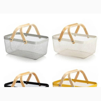 Metal Mesh Steel Storage Basket With Bamboo Handle