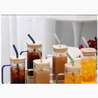 Drinking Glass Cup With Bamboo Lid and Straw