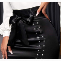 Women Studded Spilt Hem Belted Satin Body Con Dress