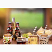 Straw Glass Cup With Bamboo Lid