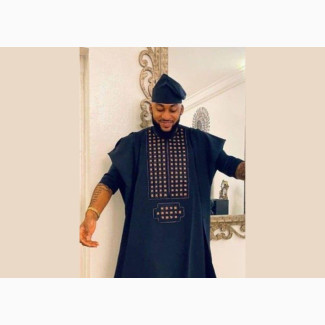 Men#039;s Agbada Wear With Cap and Embrroidery- Blue