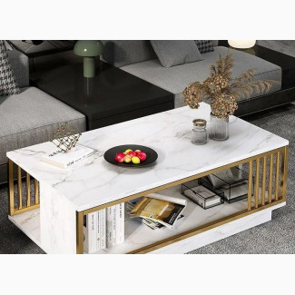 Nordic Center Table with Storage - White Marble Color + Gold Frame