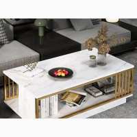 Nordic Center Table with Storage - White Marble Color + Gold Frame