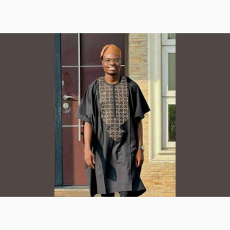 Men#039;s Black Agbada Wear With Brown Cap