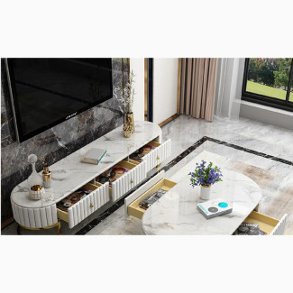 White Oval Faux Marble Coffee Table With Drawers - Brand New