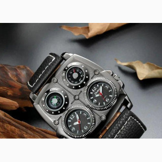 Oulm Dual Time Zone Men#039;s Leather Wristwatch