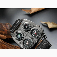 Oulm Dual Time Zone Men#039;s Leather Wristwatch