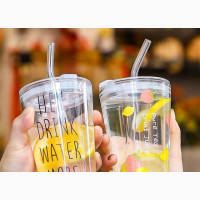 450ml Lid Proof Cartoon Straw Bottles With Reusable Straw