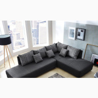 Modern Black L Shaped Sofa with Grey Pillows