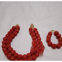 Red Beaded Necklace, Bangle and Earrings