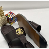 Roberto Cavalli Slippers for Men - Brown Leather with Gold Logo