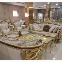 Imported Set of Royal Fabric Chair, Center and 2 Side Stools