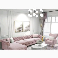 Pink L- Shaped Fabric Sofa With a Single