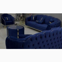 Dark Marine Blue 7 Seater Suede Material Chair Set