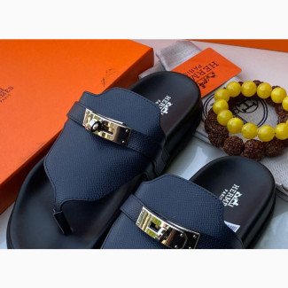 Hermes Men#039;s Slippers in Black Leather