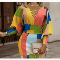 Color Block Puff Sleeve Criss Cross v-Neck Long Sleeve Dress