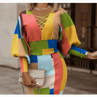 Color Block Puff Sleeve Criss Cross v-Neck Long Sleeve Dress