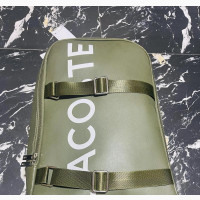 Lacoste Backpack - Genuine Leather, Gray Color, Zip Closure, Logo Pattern, Unisex