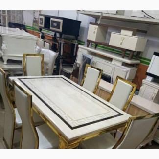 Marble Dining Table With 6 Chairs White Gold - Home Interiors