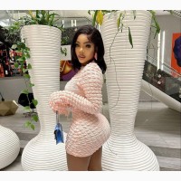 Sexy Celebrity Bubble Plaid Long Sleeve Lace Up Mini Dress