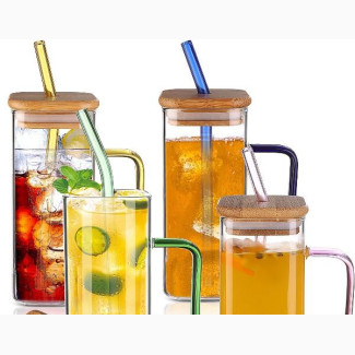 Drinking Glasses With Bamboo Lids and Glass Straws